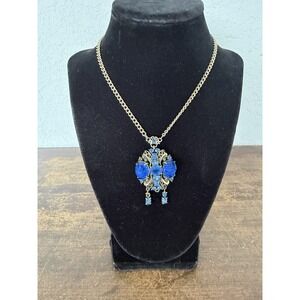 Signed Hollycraft 1952 Blue Rhinestone Pendant Necklace Vintage Statement